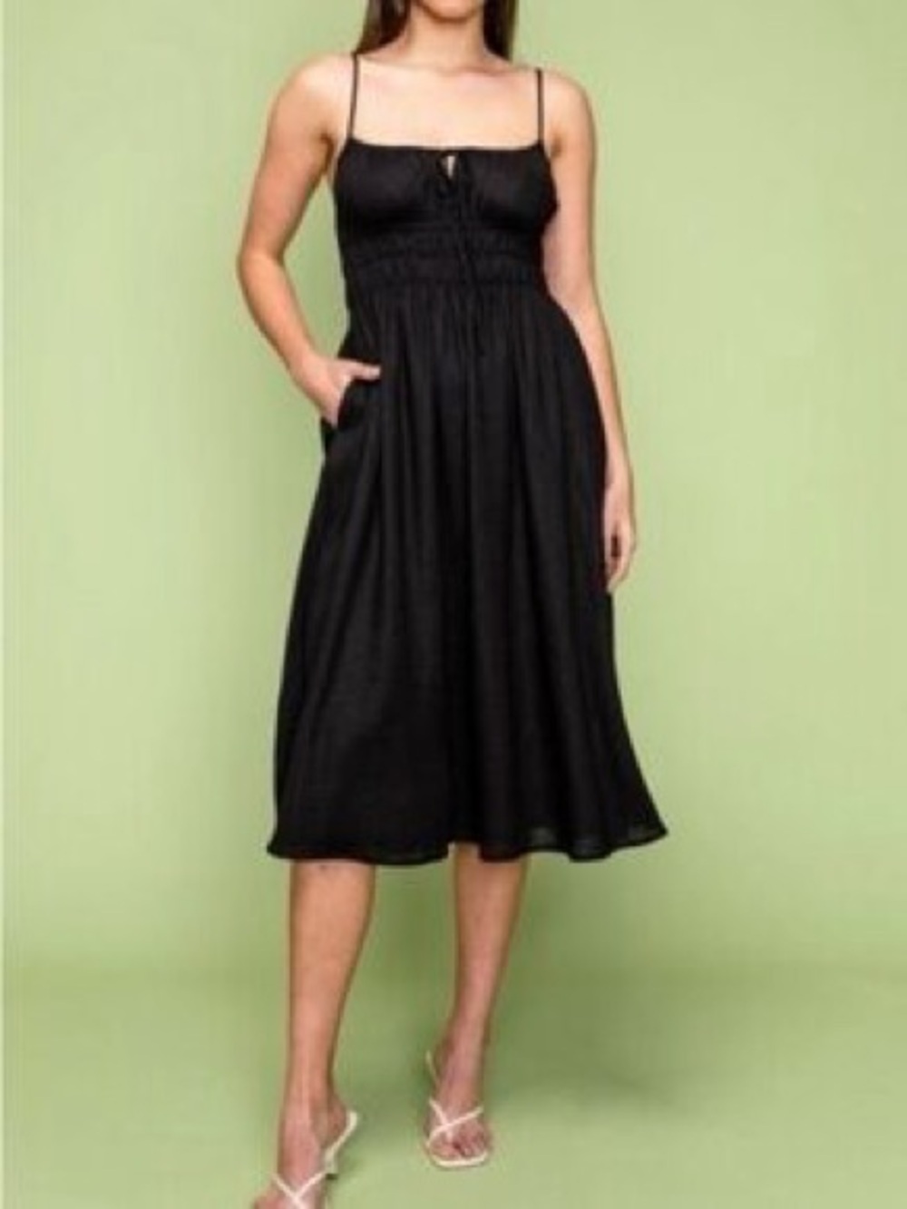Sophie Rue Black Smocked Bodice Midi Dress Spaghetti Straps 100% cotton Size M